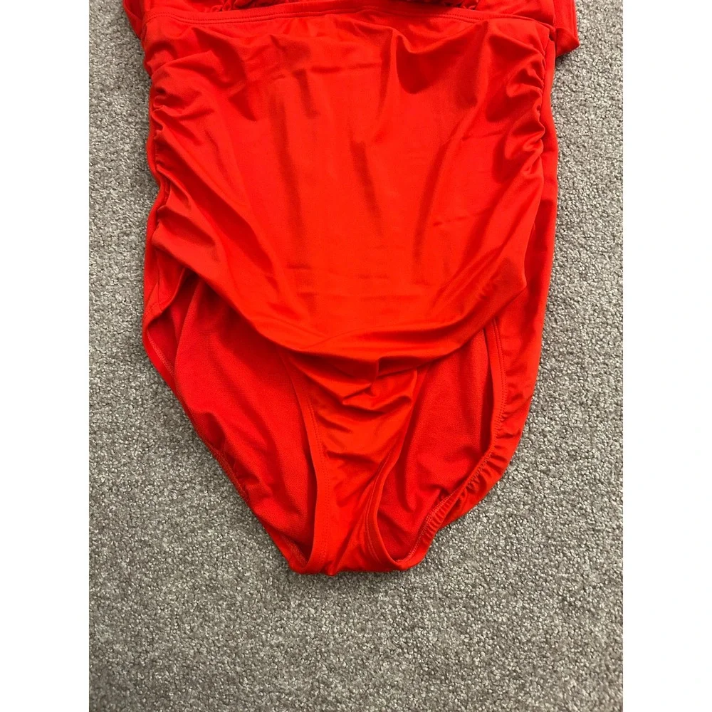 Time and Tru One Piece Swimsuit Womens Large 12-14 Red Excellent Ruched V-Neck
